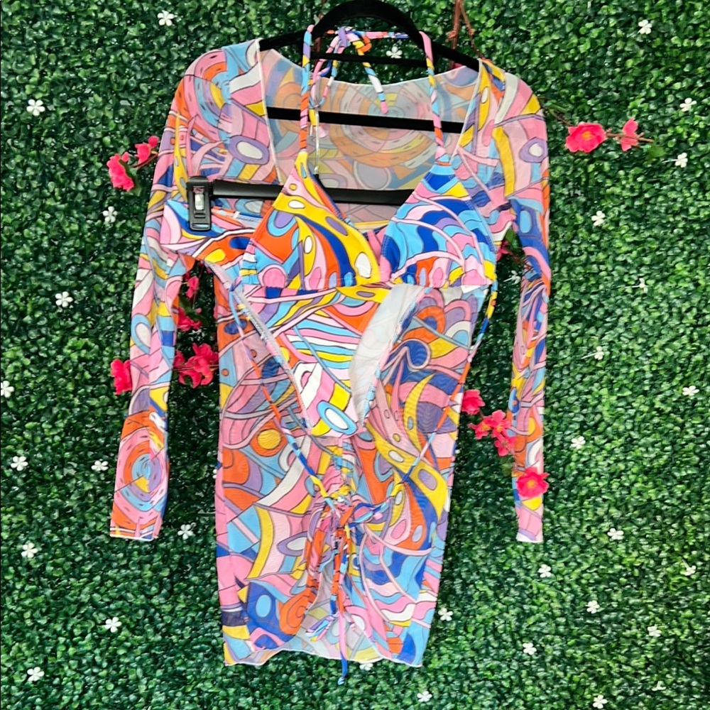 Vibrant Blue and Pink Bikini with Unique cover up dress